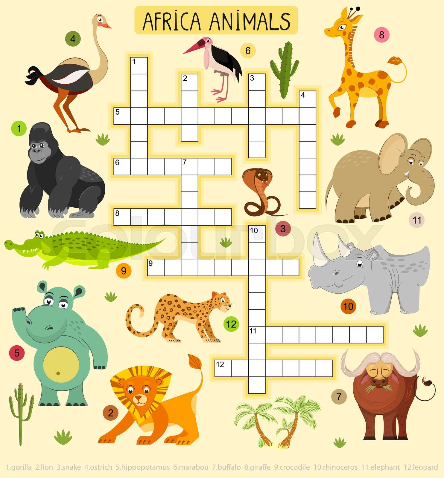 African animals vector crossword for children illustration of lion and leopard elephant and gorilla stock vector