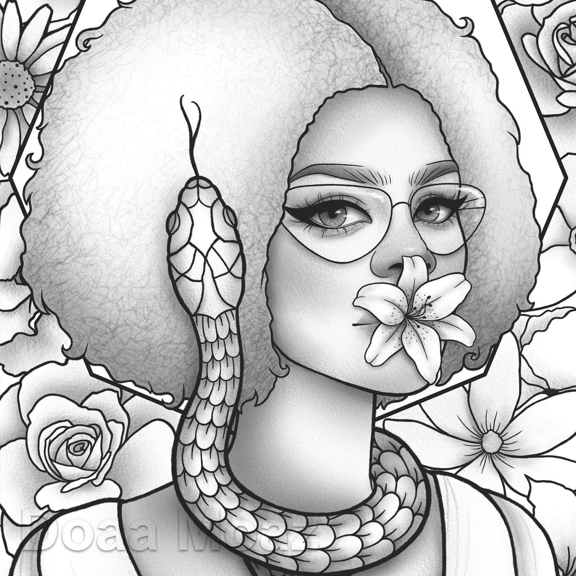 Printable coloring page black girl snake floral portrait