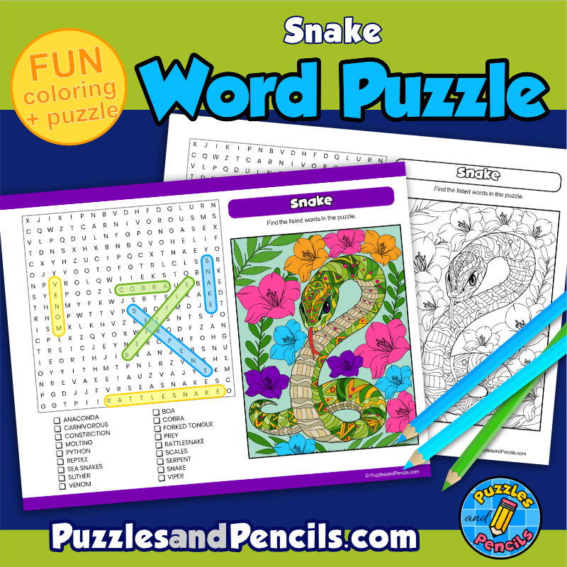 Snake word search puzzle activity page and coloring wordsearch made by teachers
