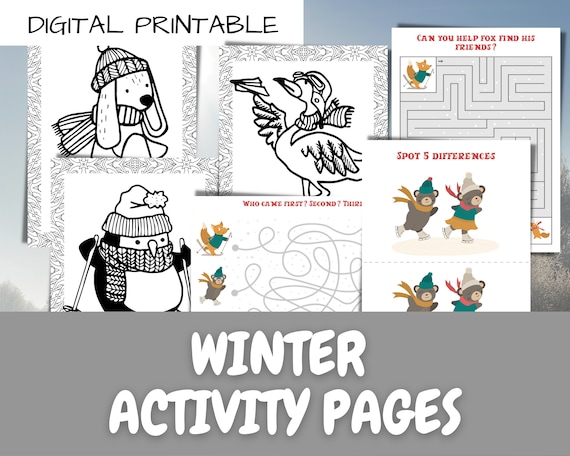 Kids winter activity pages coloring pages puzzle sheets snakes ladders digital printables