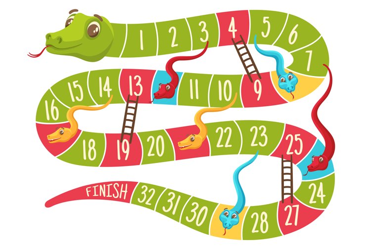 Snake and ladders game level grid board with cute color sna