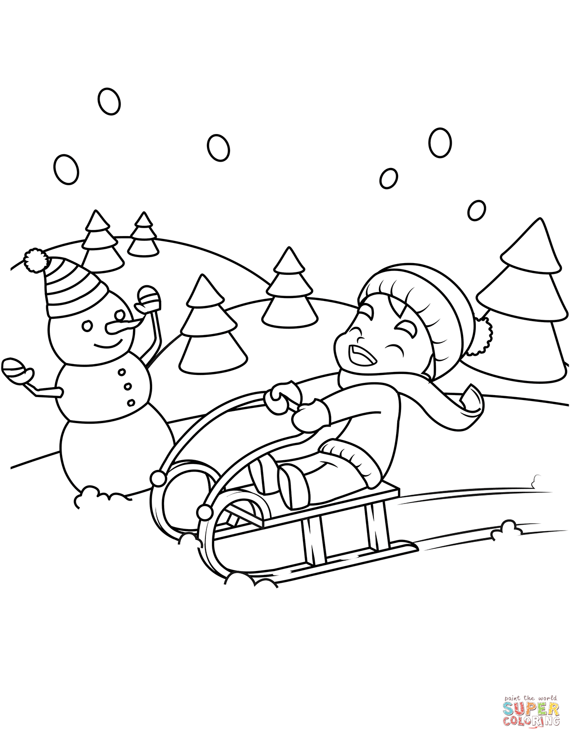 Little boy riding a sledge coloring page free printable coloring pages