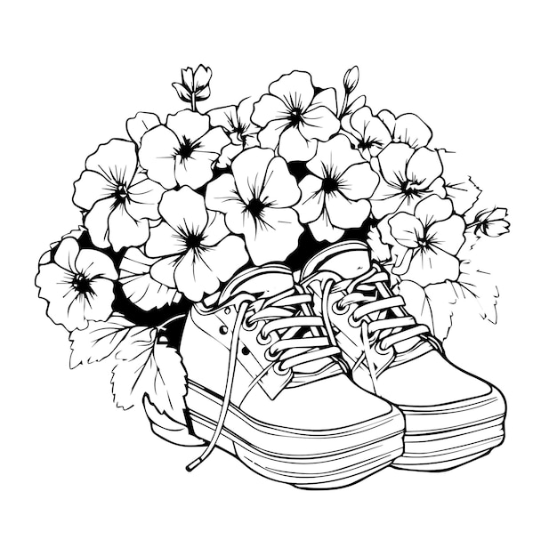 Premium vector blooming in shoe coloring page