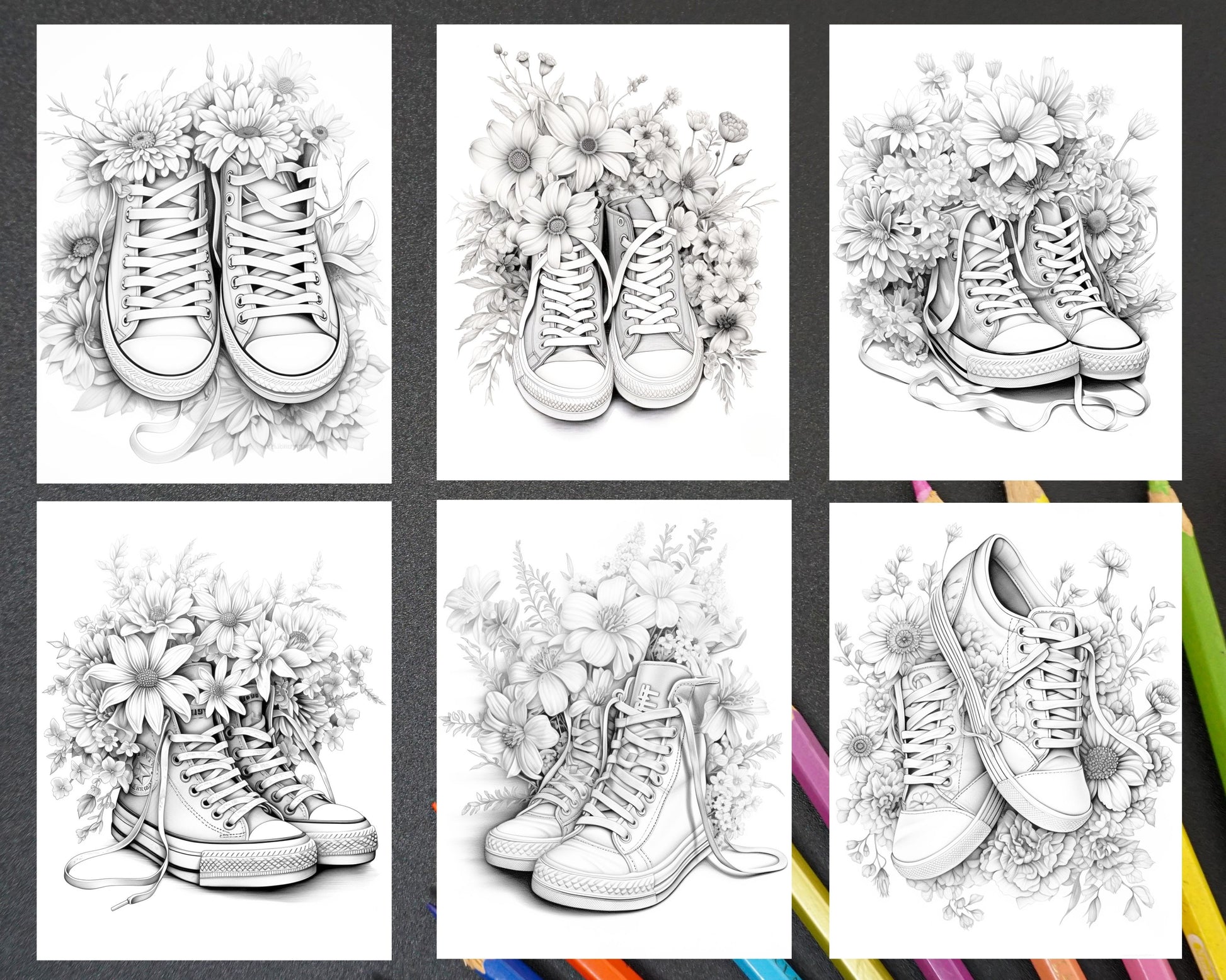 Flower sneakers grayscale coloring pages printable for adults pdf â coloring