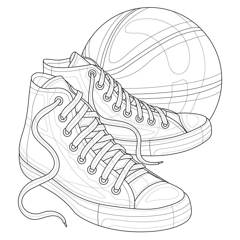 Sneakers with a basketball coloring book antistress for children and adults stock vector