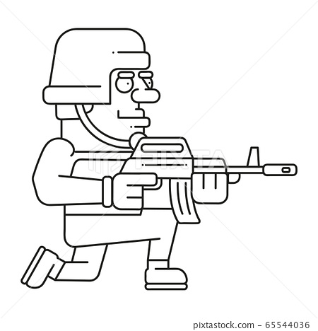 Soldier with weapons linear drawing coloring book