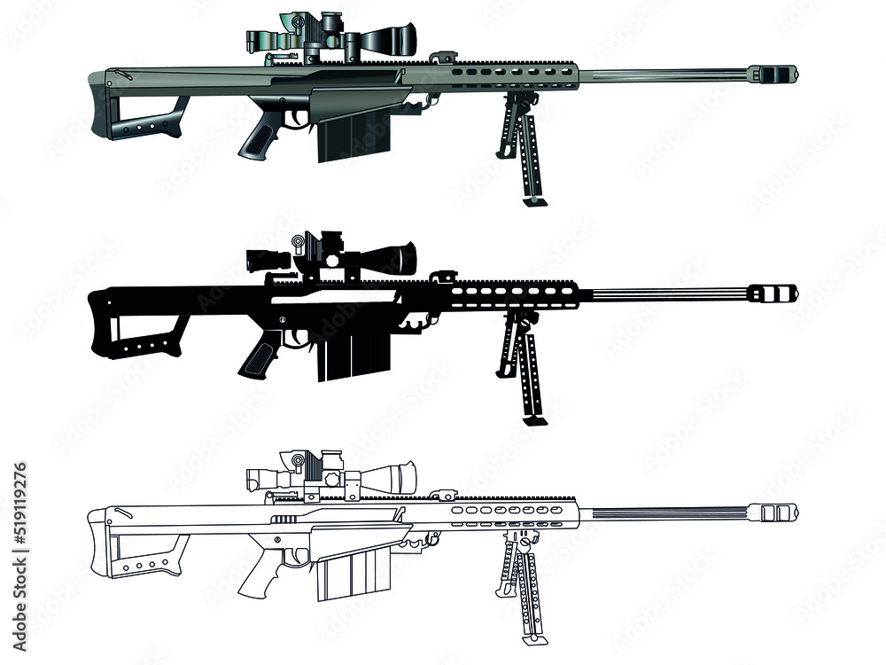 Barrett m sniper rifle coloring page and colorful clipart character set of guns design for t