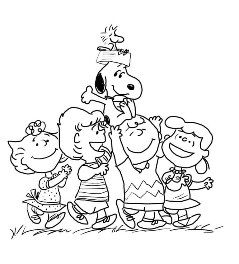 Snoopy playing with friends coloring page