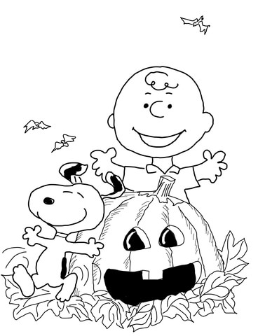 Charlie and snoopy celebrate halloween coloring page