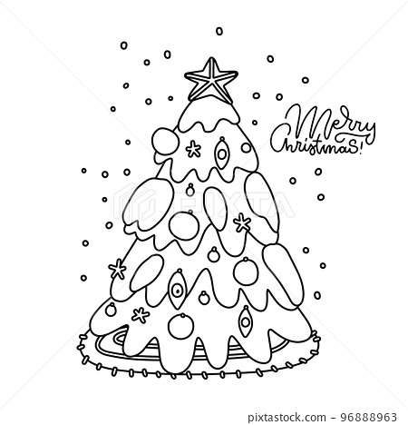 Coloring page of a decorated christmas tree