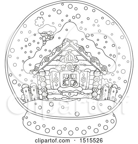 Clipart of a black and white winter cottage in a snow globe