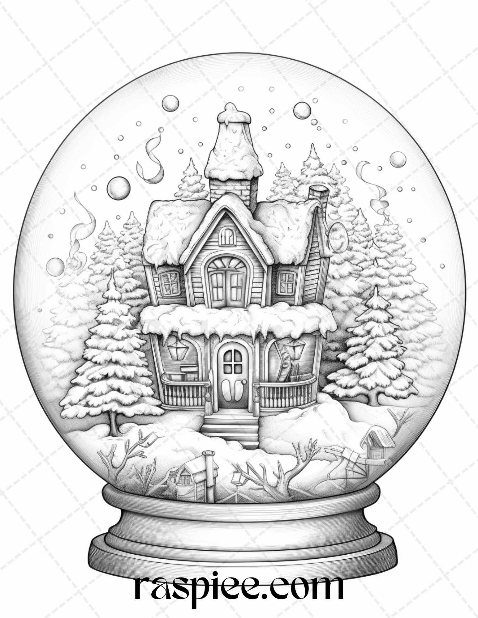 Cozy cabin in snow globe grayscale coloring pages printable for adults â coloring