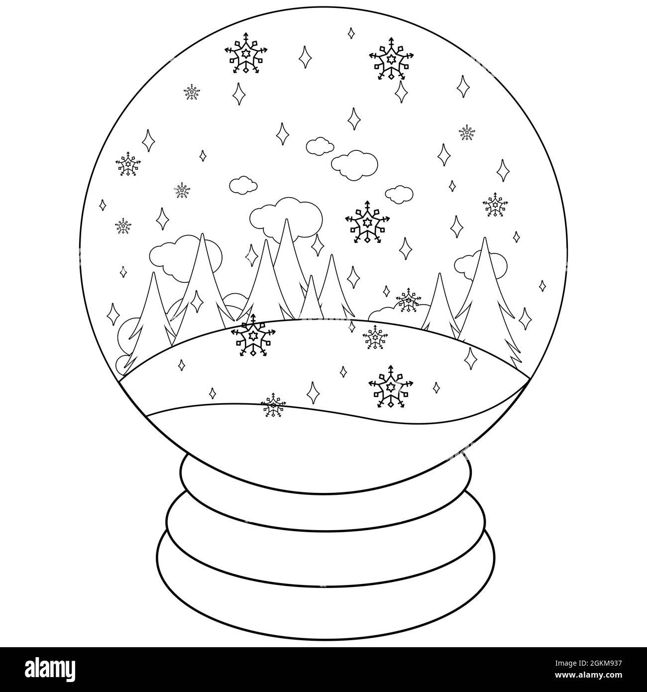 Winter landscape inside a snow globe black and white coloring page stock photo