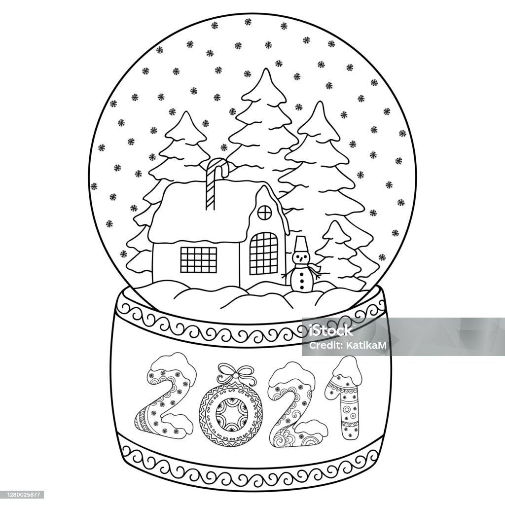 Toy glass snow globe with house lettering number coloring book page for adults and children winter decorative pattern snowflake christmas trees snowman bow ball stock illustration