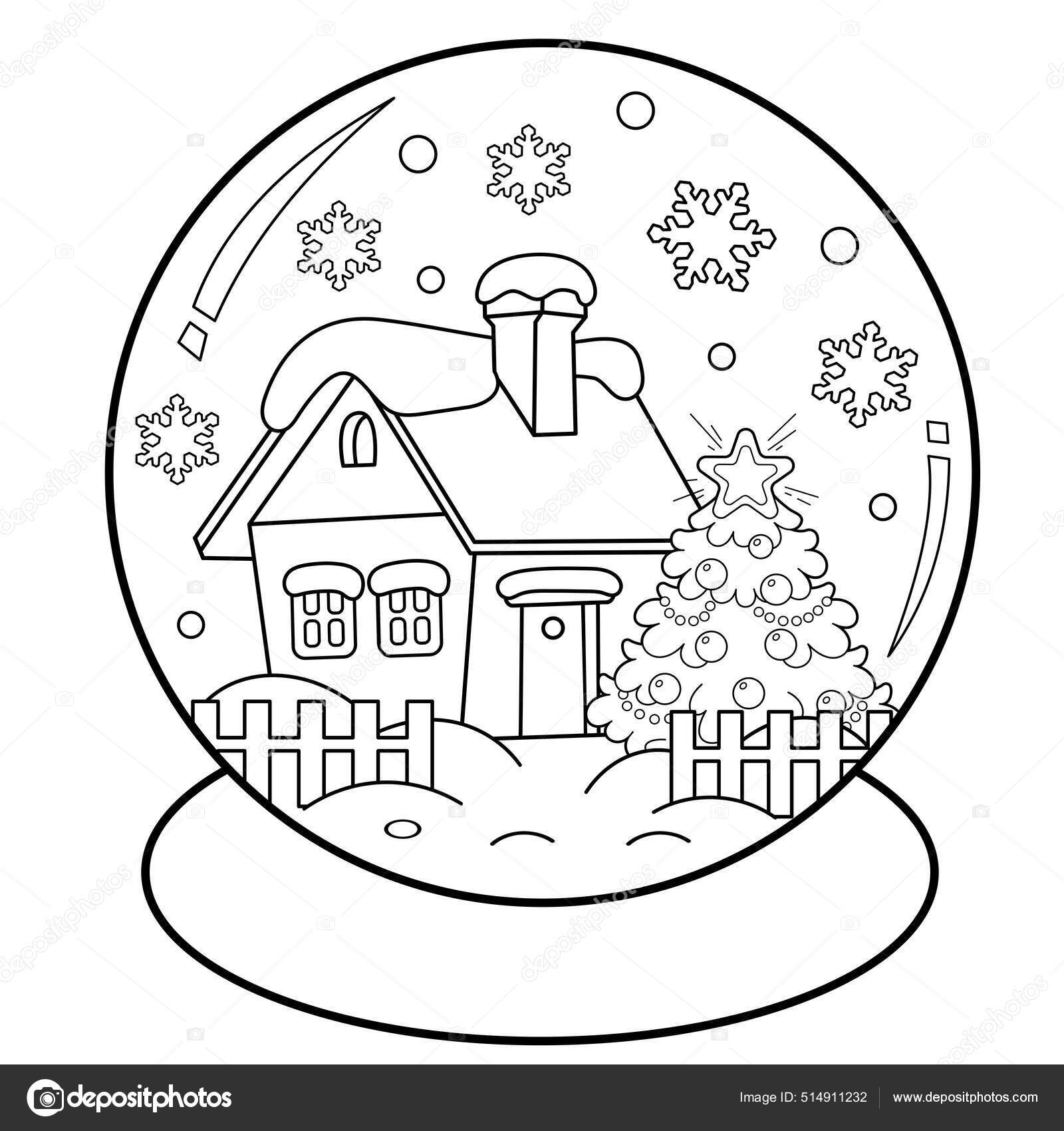 Coloring page outline snow globe snow covered house christmas tree stock vector by oleon