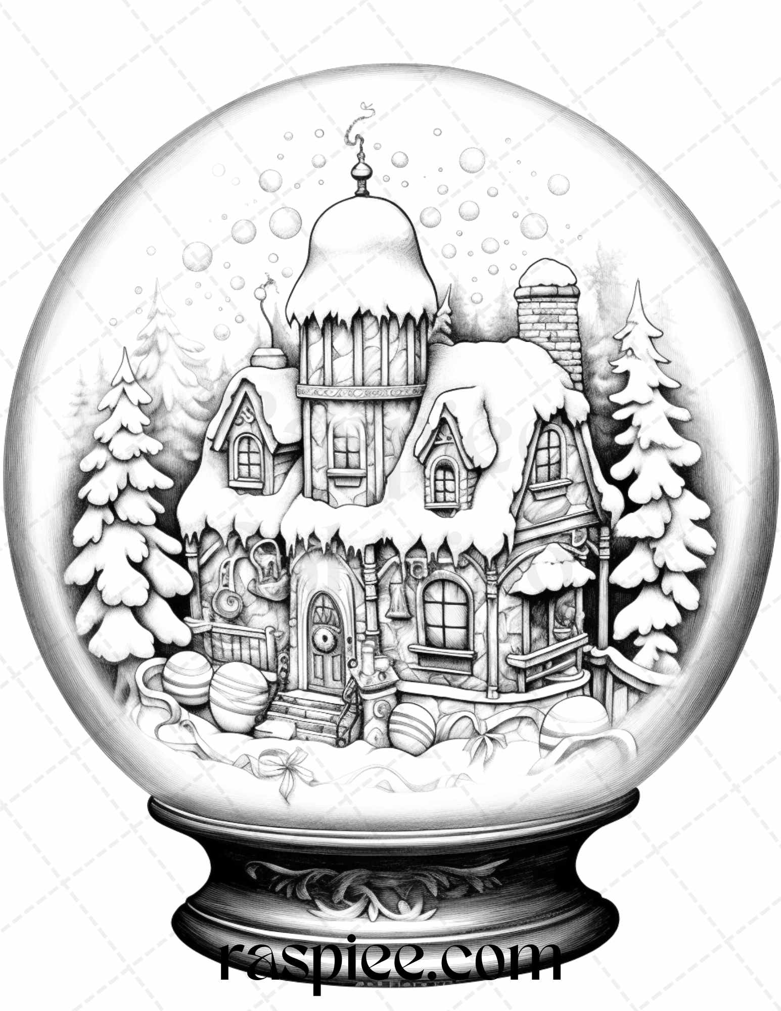 Cozy cabin in snow globe grayscale coloring pages printable for adults â coloring