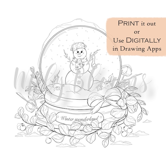 Printable digital adults coloring page winter snow globe digistamp with and without background jpg png pdf files