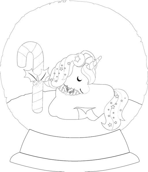 Cute christmas unicorn in a snow globe â black white outline