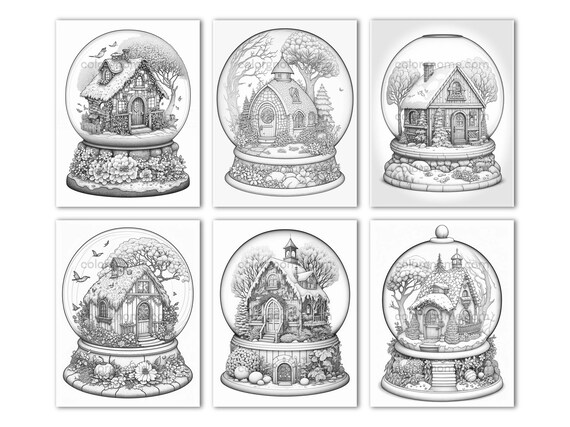 Fairytale snow globe cottages coloring book printable coloring page for adult coloring book digital download grayscale coloring page