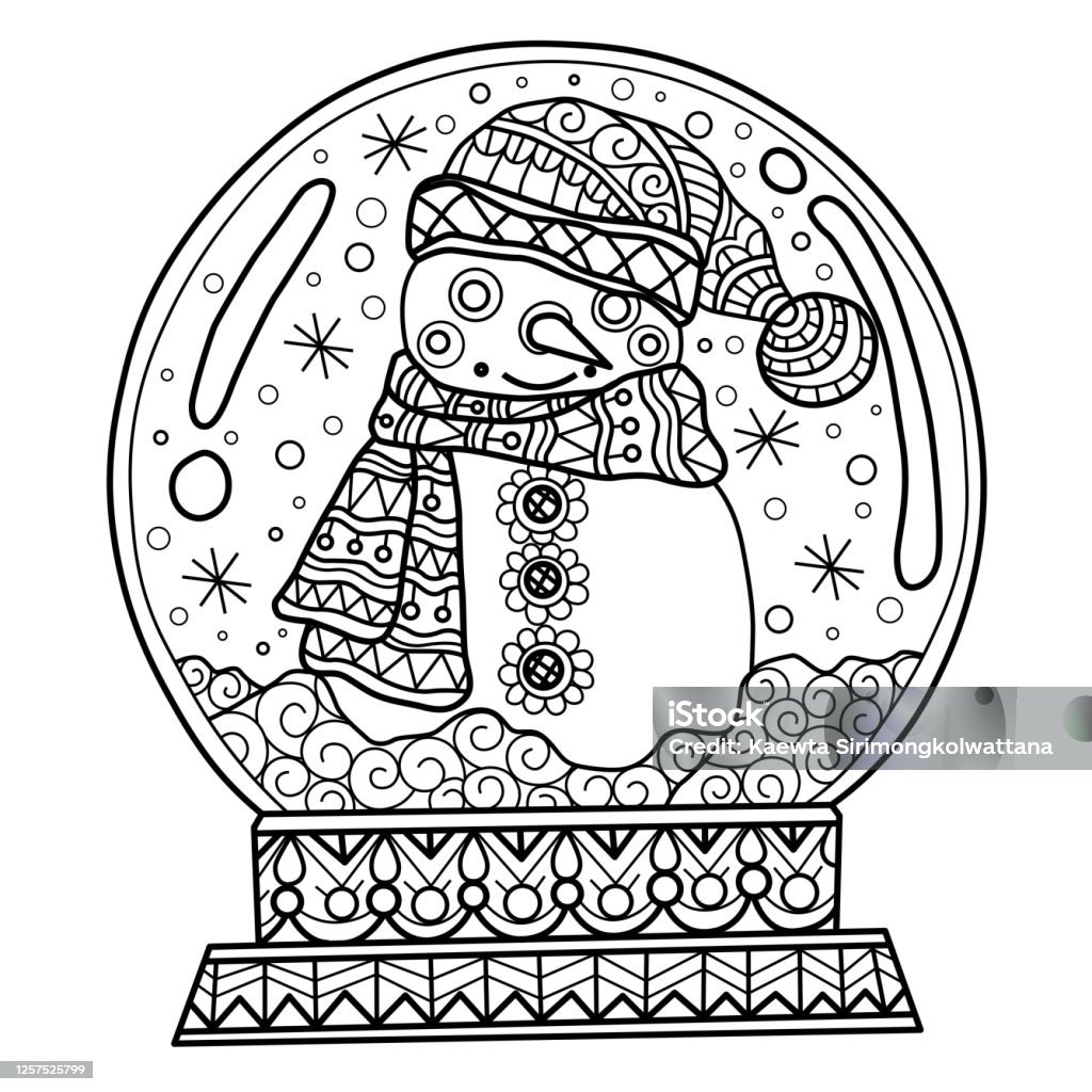 Zen doodle snowman inside snow globe tangles adult coloring page illustration zentangle style stock illustration