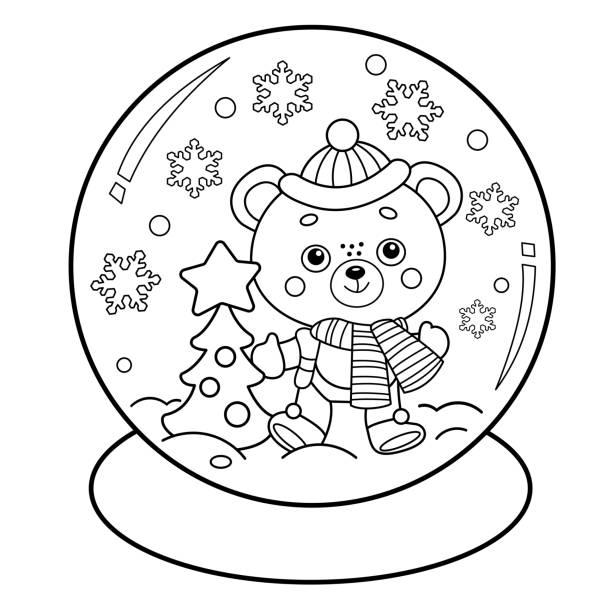 Coloring page outline of snow globe with little bear with christmas tree new year christmas coloring book for kids stock illustration