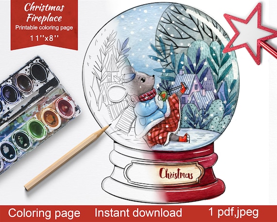 Christmas snow globe adult coloring page pdfcute little mouse coloring page for kidsdigital printable holiday coloring sheetdownload