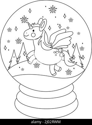 Fairy tale snow globe with a unicorn vector black and white coloring page stock vector image art