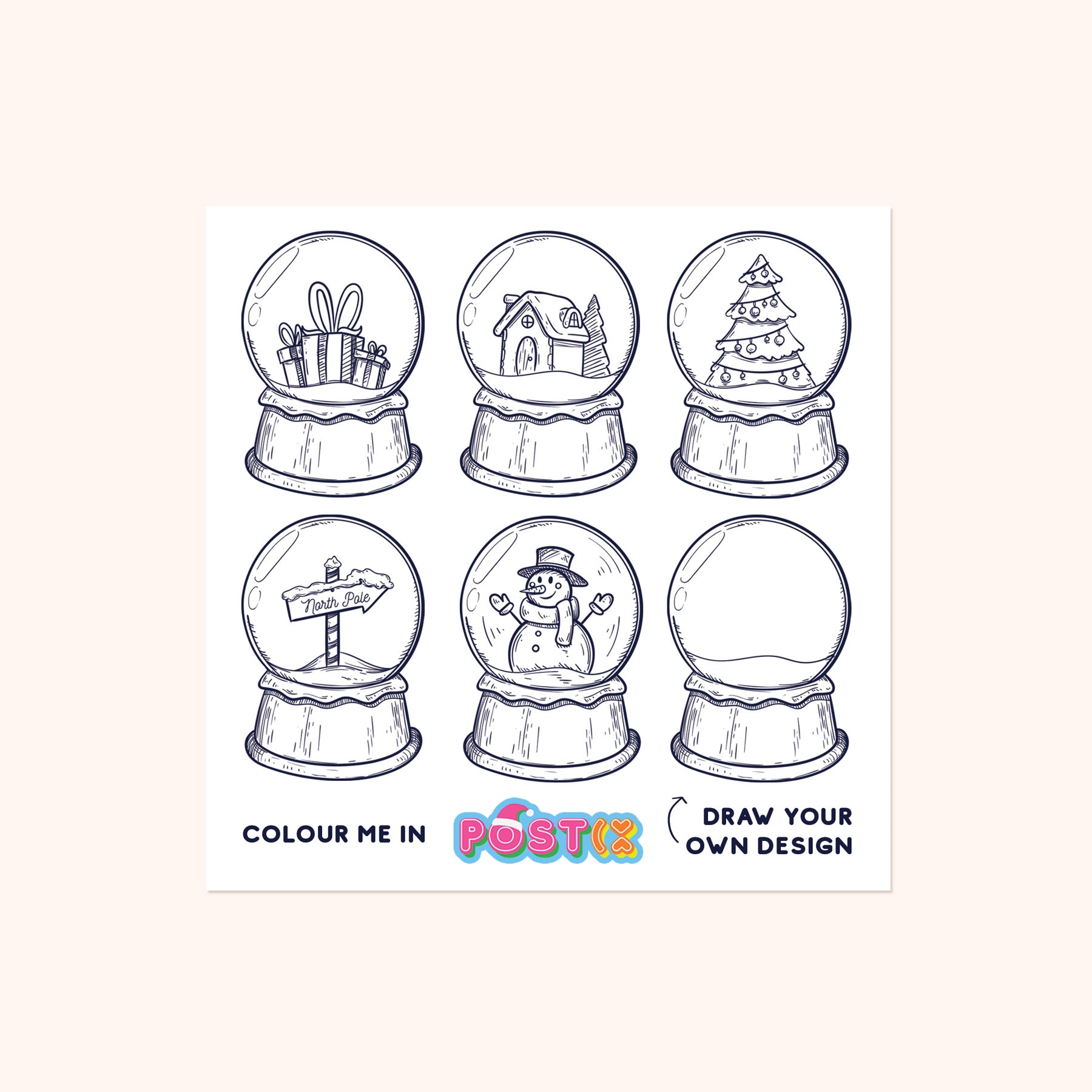 Snow globes square colouring in sticker sheet â sticker
