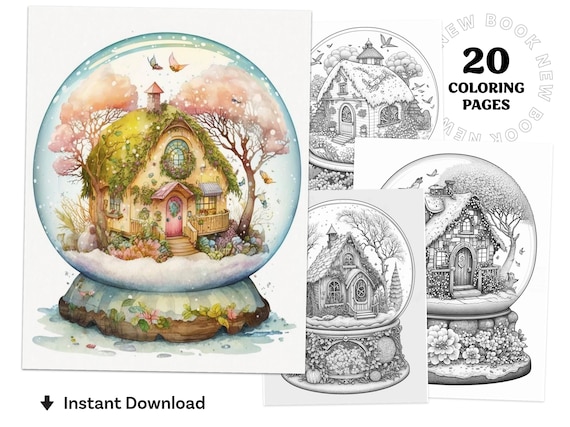 Fairytale snow globe cottages coloring book printable coloring page for adult coloring book digital download grayscale coloring page