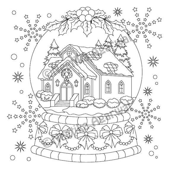 Snow globe adult coloring page christmas coloring page printable coloring page digital download download now