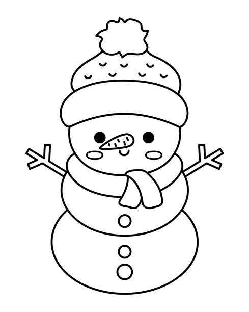 Vector black and white kawaii snowman in hat and scarf cute christmas character illustration isolated on white background new year or winter smiling snow man funny line icon coloring page stock illustration