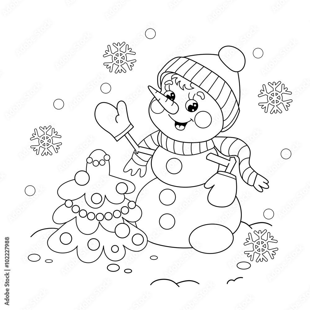 Coloring page outline of snowman with christmas tree vector