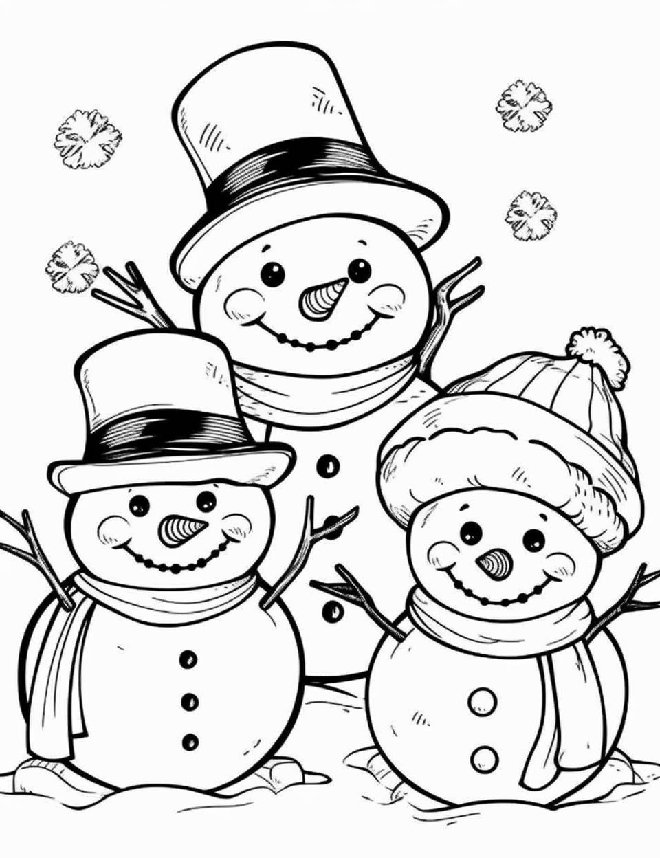 Snowman coloring pages for kids and adults