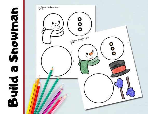 Snowman coloring activity cut and paste snowman craft winter activity homeschool kindergarten toddler activity build a snowman