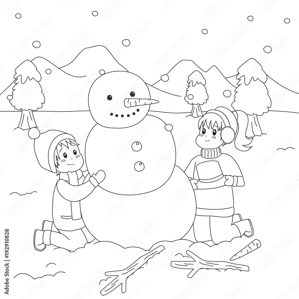 Two happy kids building snowman on snowy winter day winter holiday printable coloring page for kids template cartoon vector vector