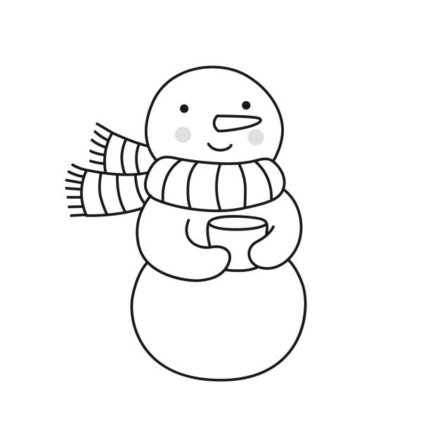 Snow man holding coffee mug cute cartoon winter christmas character stock illustration