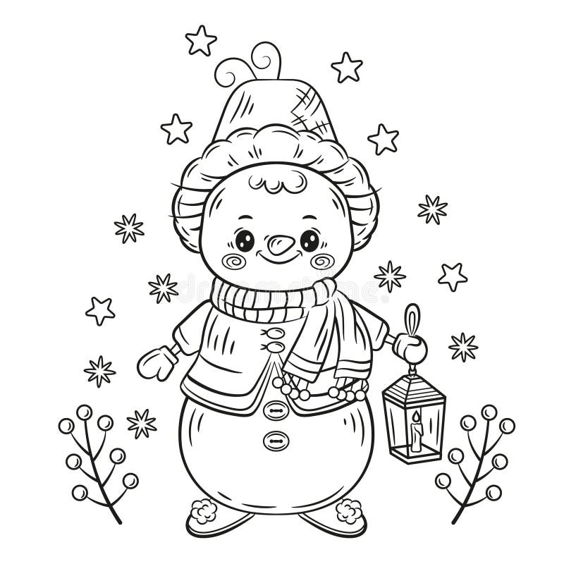 Cute winter snowman christmas children coloring page ice snow man from snowballs in hat kids colouring book black outline vector stock vector