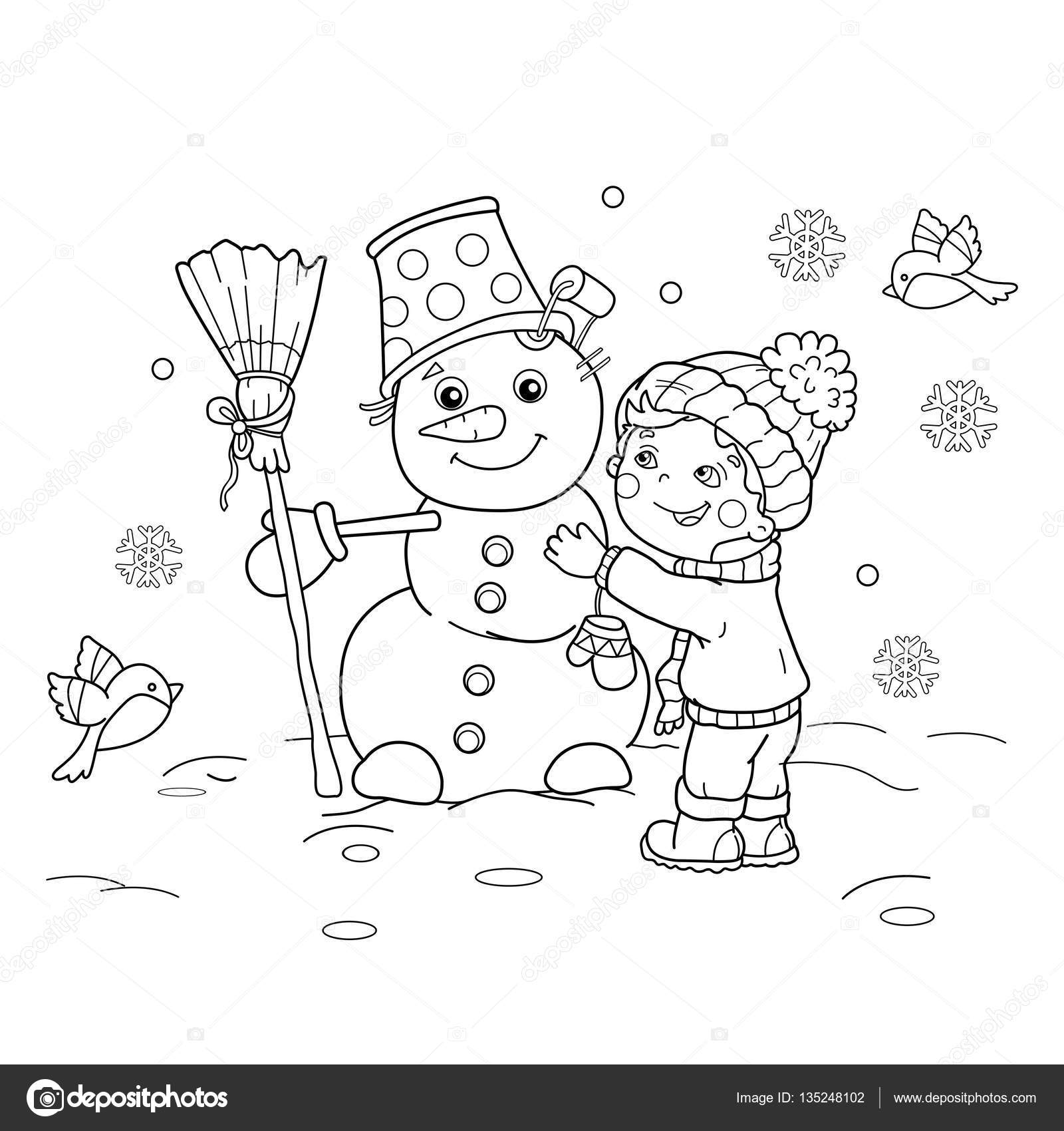 Coloring page outline of cartoon boy with snowman winter coloring book for kids stock vector by oleon