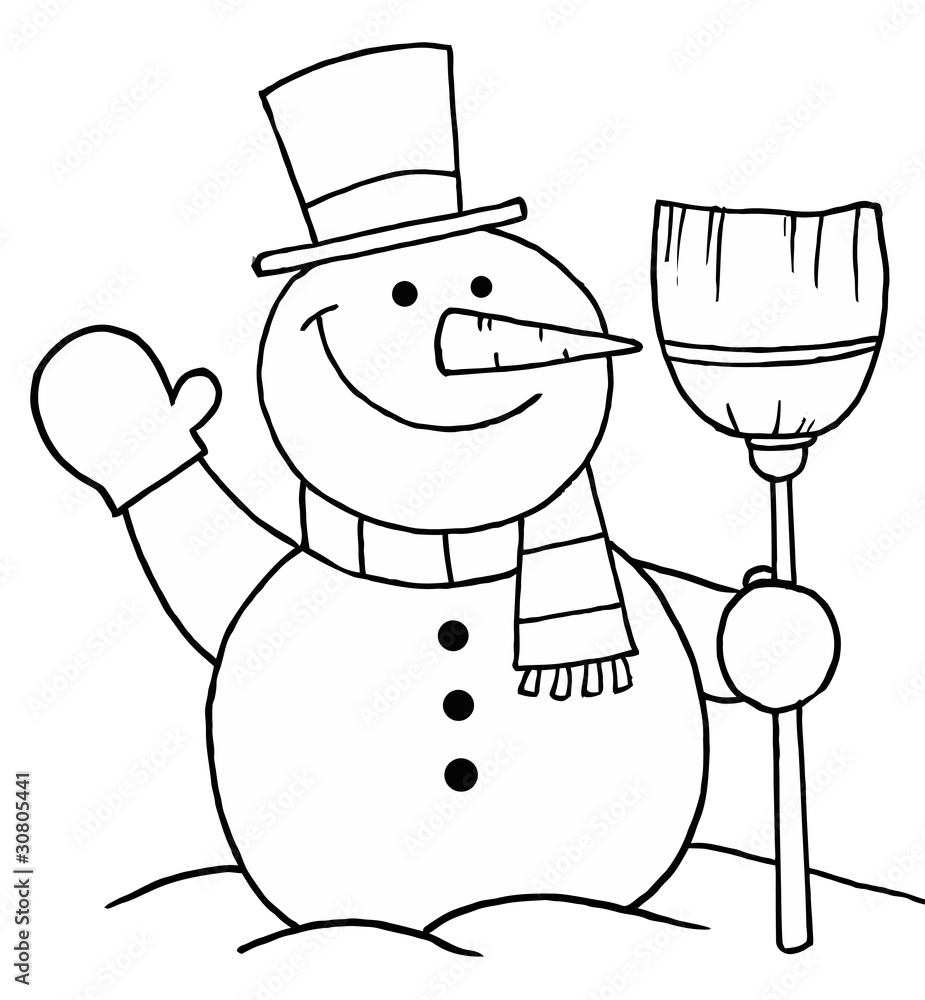 Black and white coloring page outline of a snowman with a broom vector