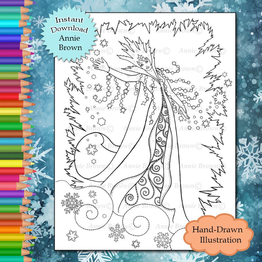 Coloring page line art snow queen fantasy printable download ice snow queen by annie brown hand