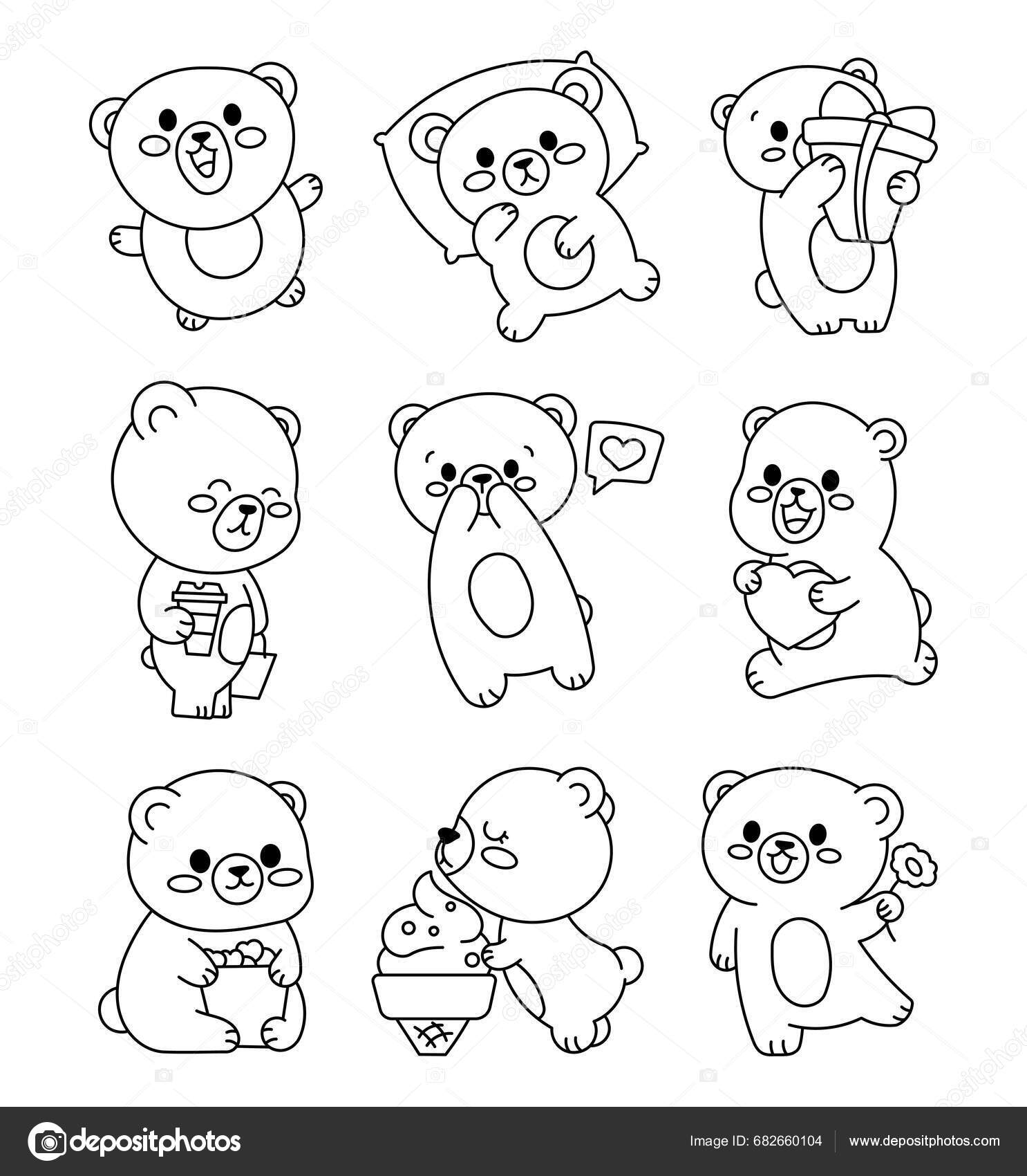 Cute kawaii bear different poses coloring page emoji cartoon character stock vector by palau