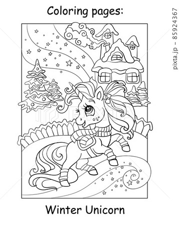 Coloring book page cute unicorn on a winter