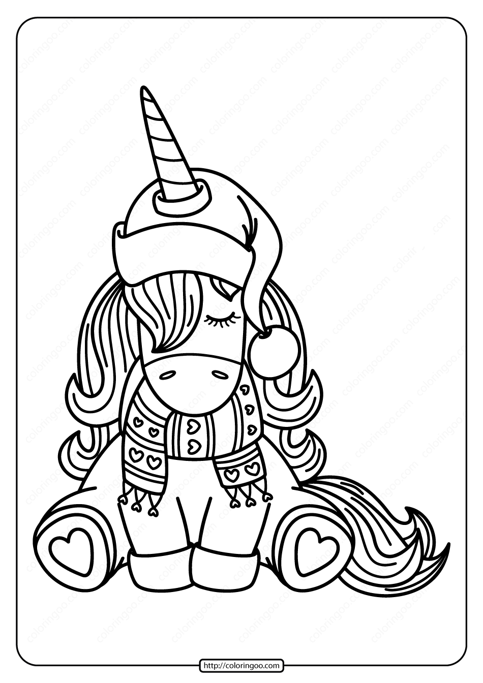 Magical winter unicorn coloring page