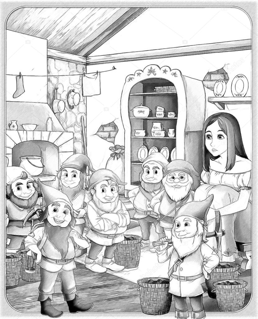 The sketch coloring page with preview snow white and the seven dwarfs stock illustration by illustratorhft