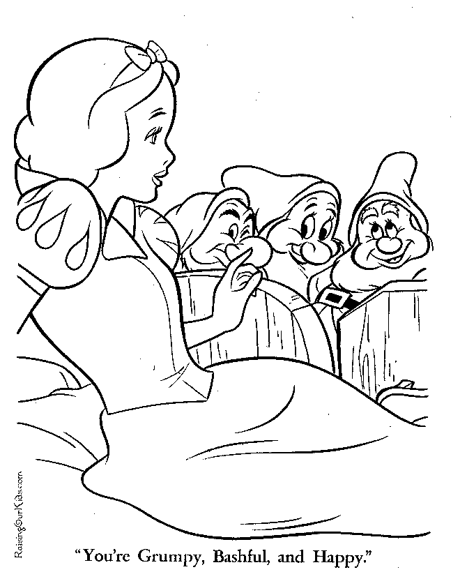 Snow white coloring page with grumpy bashful and happy