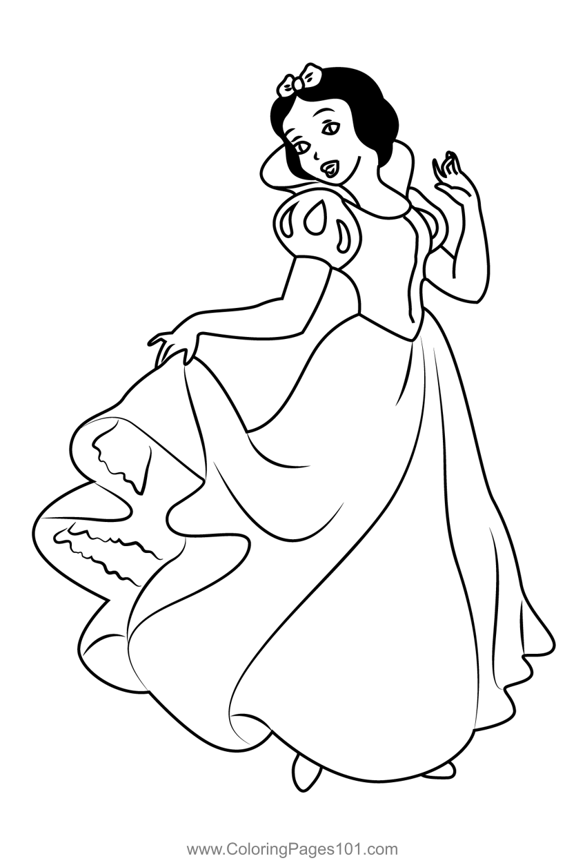 Princess snow white showing her dress coloring page for kids