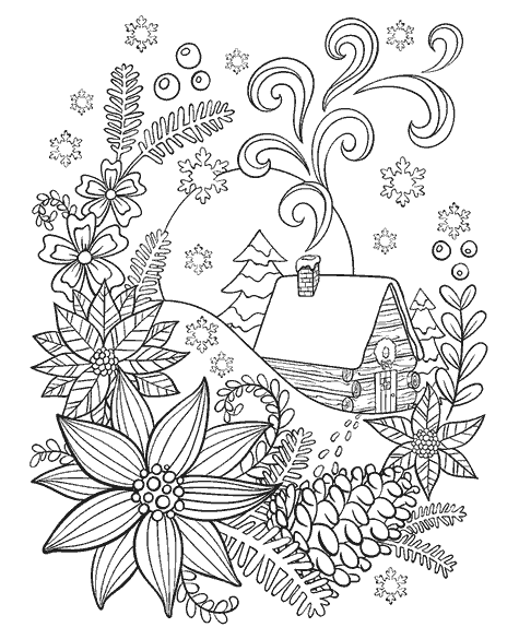 Cabin in the snow coloring page