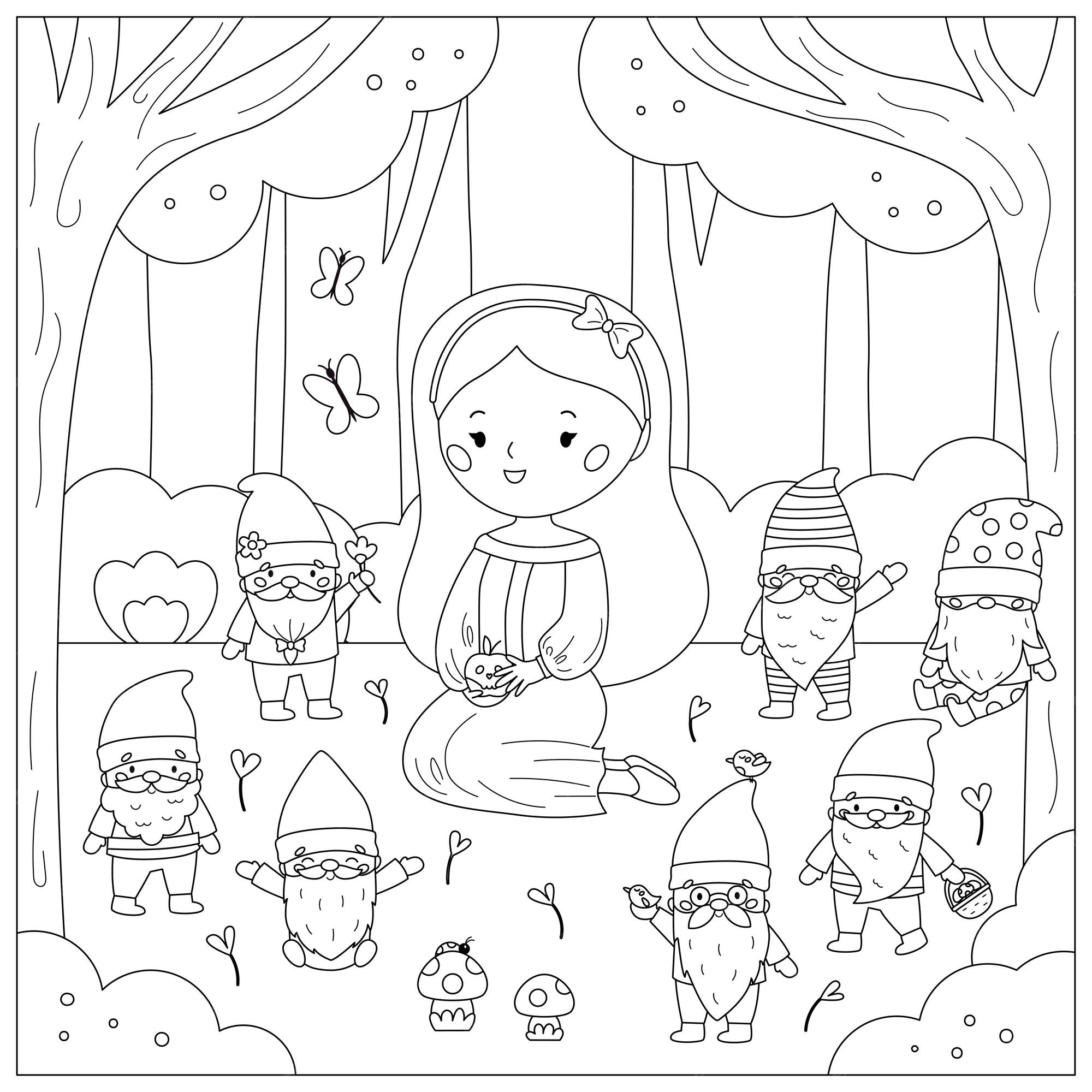 Premium vector coloring page with snow white and the seven dwarfs