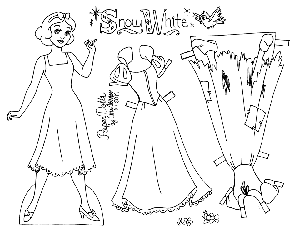 Snow white line art paper doll to color by cory jensen of princesas bonecas desenhos para colorir