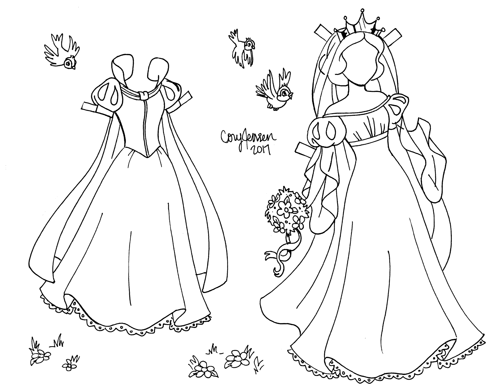 Snow white line art paper doll to color by cory jensen of paper dolls princess paper dolls paper dolls book